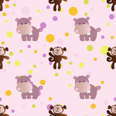 seamless pattern with cartoon cute toy baby behemoth, monkey and Circles on a light pink background