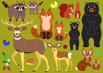 woodland animals parents and babies elements set