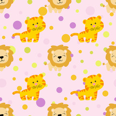 Drawing of a seamless pattern with cute african tiger and lion in cartoon style and multicolored circles on a light pink background
