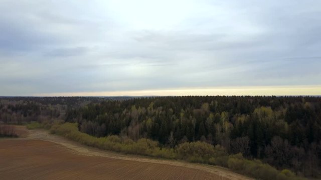 Beautiful panoramic countryside landscape. Aerial drone shot to the agricultural field and green mixed forest.
