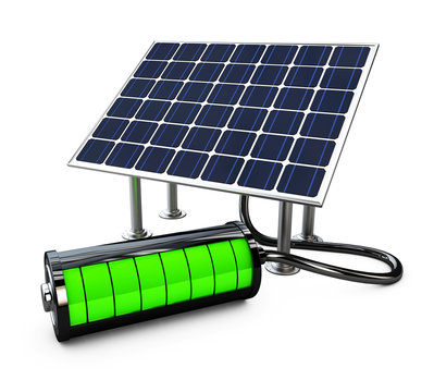 Solar panel with full battery, isolated on white background 3d illustration.