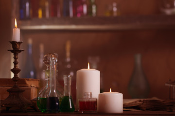 Magic potion, ancient books and candles