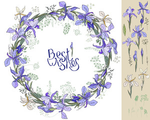 Irises - wreath and single. Floral elements for your design