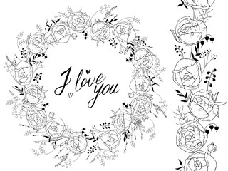 Greeting template with round frame made of ranunculus. Contour black flowers and phrase I love you
