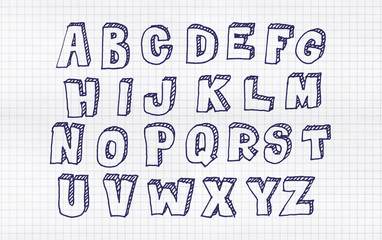 Hand drawn abc, doodle style. Blue letters