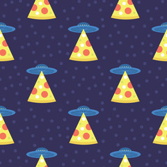 Abstract futuristic print with flying saucers, rays of light with pizza.