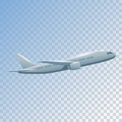 Plane flies high side view, realistic aircraft on a transparent background. Vector