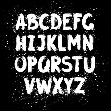 Hand Written Calligraphy Alphabet, Black Ink Brush Lettering, Abc Latin Alphabet, Grunge Font Style With Ink Splashes. Vector