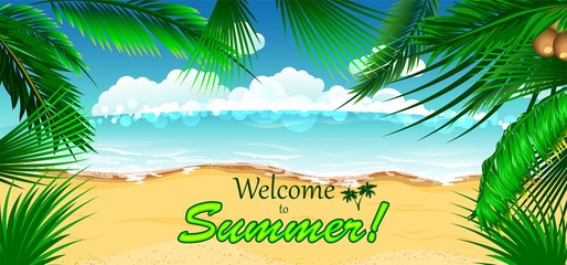 Vacation background. Beach with palm trees and blue sea.