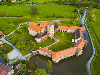 Aerial view of Svihov castle. Gothic water castle in National Park Sumava, Svihov, Czech republic,...