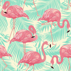 Naklejka premium Flamingo Bird and Tropical palm Background - Wektor bez szwu deseń