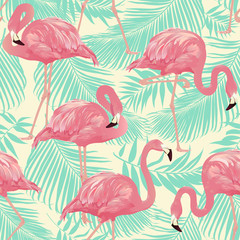 Fototapeta premium Flamingo Bird and Tropical palm Background - Wektor bez szwu deseń