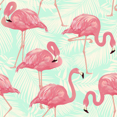 Fototapety  Flamingo Bird and Tropical palm Background - Seamless pattern vector