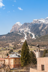 Springtime view of Tofane ski run from Cortina d'Ampezzo