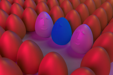 3D-Rendering von goldenen Eiern in blauem und rotem Licht: Individualität und Gelassenheit