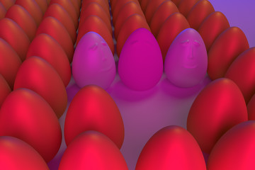 3D-Rendering von goldenen Eiern in blauem und rotem Licht: Individualität und Gelassenheit