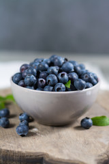 Freshly picked juicy blueberries with green leaves on rustic table. Bilberry on wooden Background. Blueberry antioxidant. Concept for healthy eating and nutrition