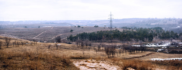 iron poles side view on the background of sky and trees