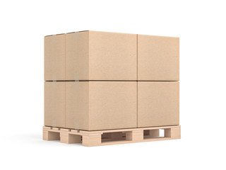 Stack of Four cardboard boxes mockup on euro pallet in white sudio, 3d rendering