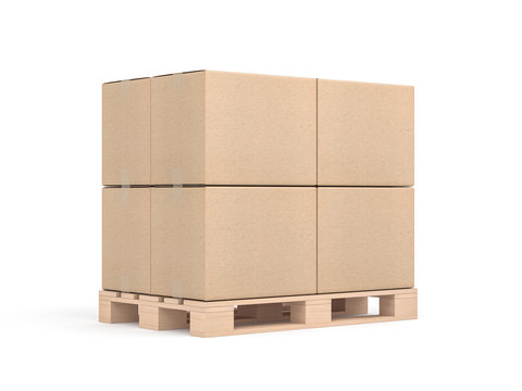 Stack of Four cardboard boxes mockup on euro pallet in white sudio, 3d rendering