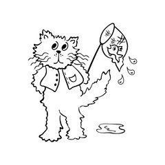 cats looking for fish. outlined cartoon drawing sketch illustration vector.