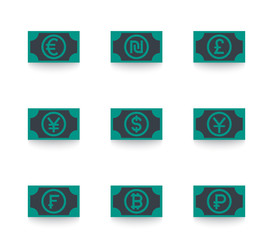 currencies icons, euro, shekel, pound, yen, dollar, franc, ruble, yuan vector symbols
