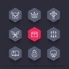 Game line icons set 2, armor, crossbow, chest, arrows, potion, crown
