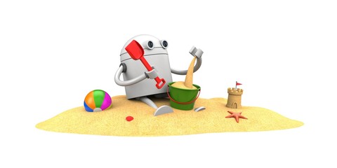 Robot plays in the sand with toys. 3d illustration