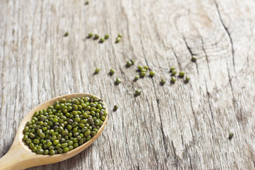 Green beans in spoon on wooden floor,.Cereal on wooden floor