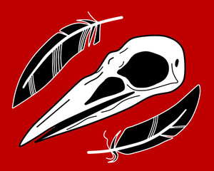 Raven skull and leafs in red