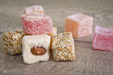 Turkish delight on a wooden table