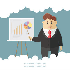 Businessman and graphs on drawing board In the clouds for text. Presentation concept, seminar, training, conference. Business strategy and finance. Flat Vector Illustration