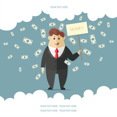 Man in a suit with a red tie getting a lot of money. boss, office worker, manager, banker,  businessman. Flat vector icon, illustration