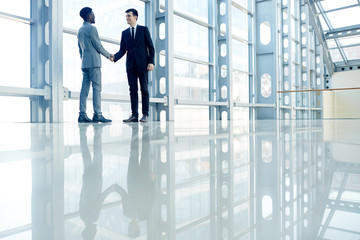 Two businessmen handshaking in office-center