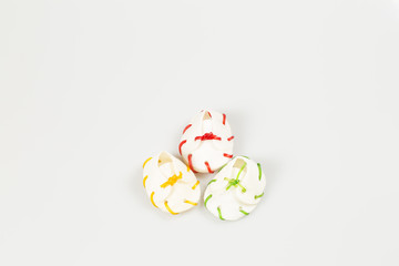 Chewing veal leather shoes for dogs on white background, top view