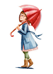 Watercolor illustration. The girl with glasses in coat takes umbrella go for a walk