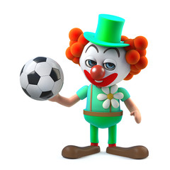 3d Funny cartoon clown character is holding a football