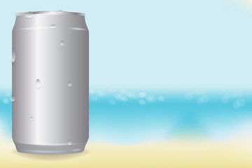 vector aluminum cans in drops of water on the beach background