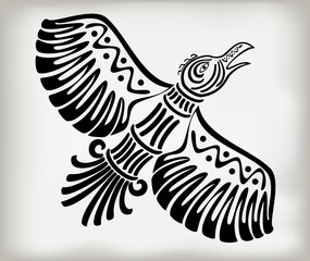 Decorative stylized bird crows in the ethnic style of ancient American Indians with national pattern. EPS10 vector illustration