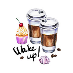 Watercolor illustration with disposable cups of coffee, cupcake, meringue and coffee beans. Hand painted illustration.