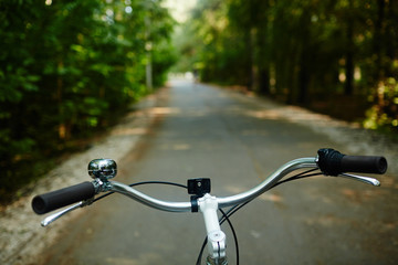 Handle of bicycle and road in park