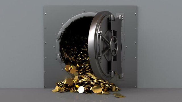 3d animated vault door opening and coins falling