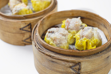 Steamed pork dumplings closeup