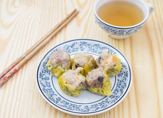 Steamed pork dumplings closeup