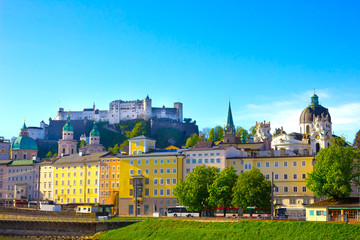 Beautiful view of Salzburg skyline with Festung Hohensalzburg in summer, Salzburg, Austria