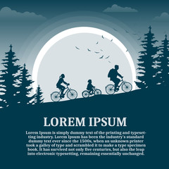 Family of three cycling at night in motion on background of moon, silhouette design