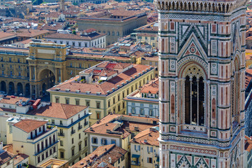 The Bell Tower (Campanile) and the Republic Square (Piazza della Repubblica) from the viewing platform on the dome of the Cathedral (Duomo) - Florence, Tuscany, Italy