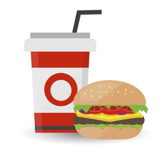 Hamburger with Meat and Cold Drink on White Background