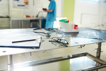 Medical objects on workplace of veterinarian