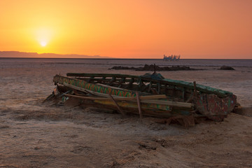 View of Salt lake Chott El Jerid at sunrise.Tunisia. Sahara.